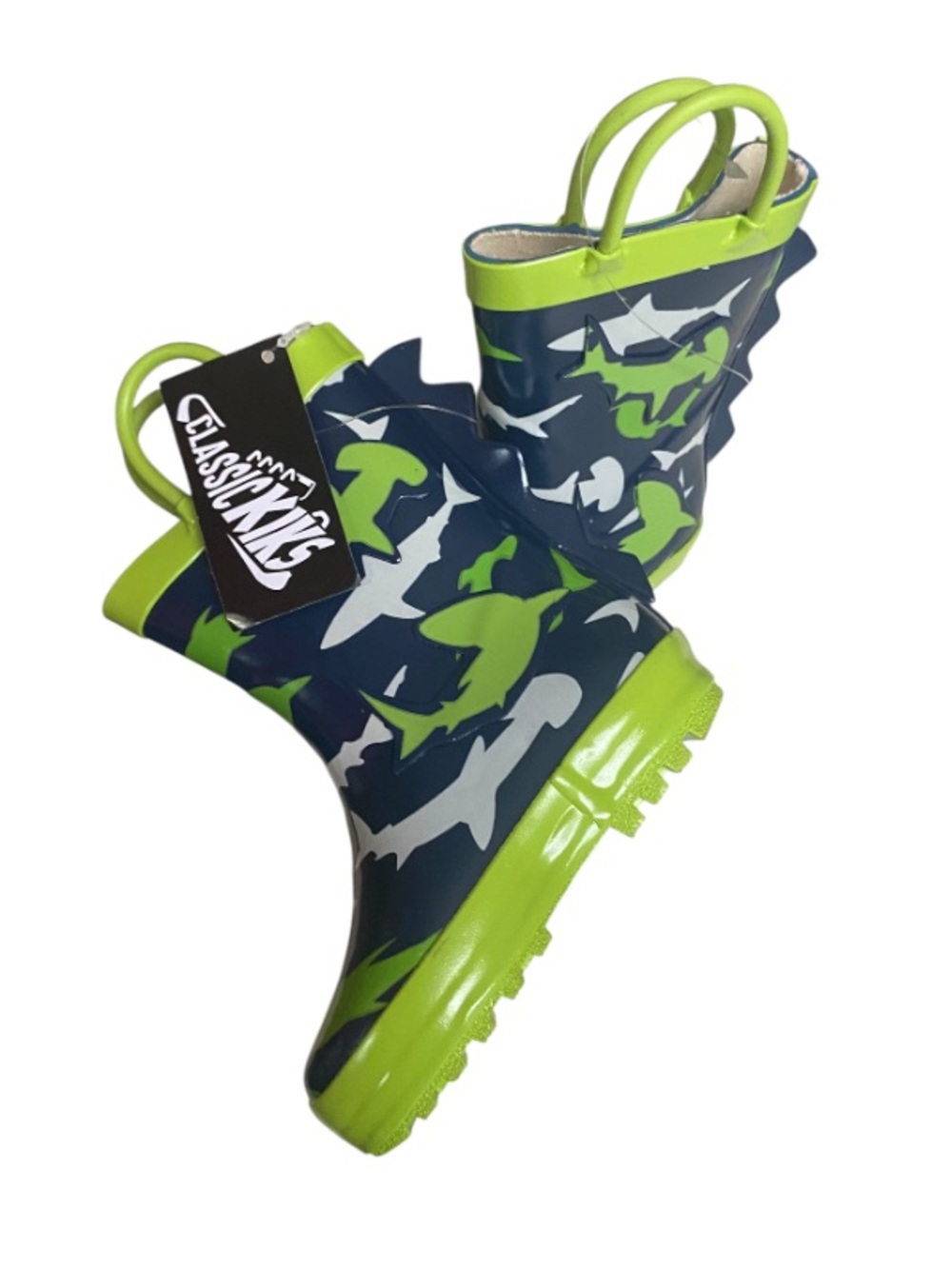 ⭐️Classic Kiks  Shark Rain Boots in Navy & Lime Dino Fin Design NWT - Picture 4 of 6